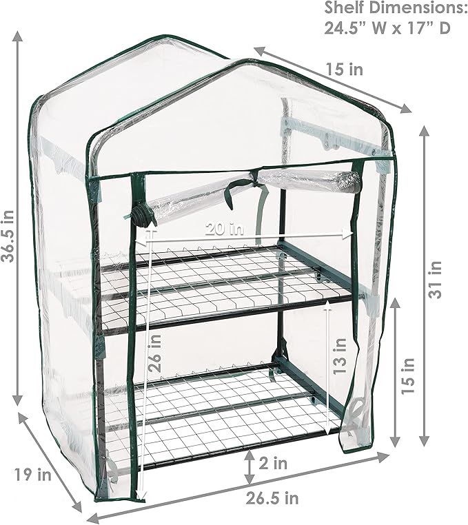 Sunnydaze Outdoor Portable 2-Tier Mini Greenhouse with Roll-up Zippered Door and Steel Wire Shelves - Clear