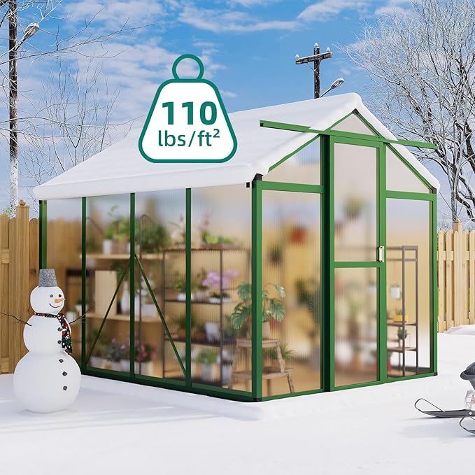 6x8 FT Greenhouse - Large Aluminum Greenhouses for Outdoors Heavy Duty Polycarbonate Greenhouse with Roof Vent&ampGround Nails Walk-in Green Houses for Garden Backyard Patio Easy Assembly