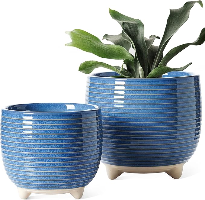 LE TAUCI Ceramic Plant Pots 5.1 + 6.4 Inch Footed Pots for Plants Modern Flower Pots for Home and Office Indoor Planters with Drainage Reactive Glaze Blue