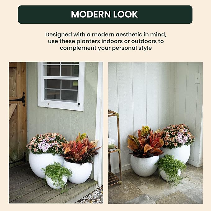 Beuta Large Planters for Outdoor Plants - Set of 3 8/12/14 Inches Outdoor Planters for Porch - Tall Planter for Outdoor &amp Indoor Plants | Large Indoor Plant Pot - USA Made - Limewash