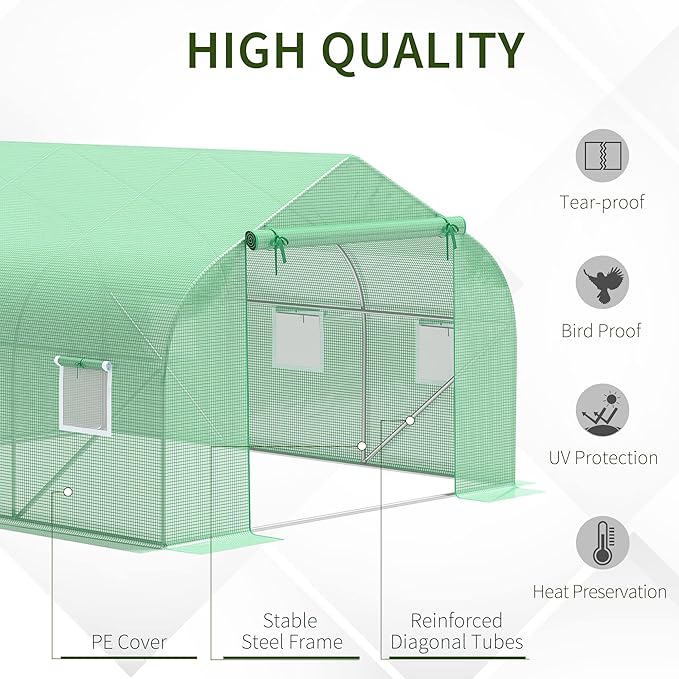 Outsunny 11.5' x 10' x 6.5' Outdoor Walk-in Greenhouse Tunnel Green House with Roll-up Windows Zippered Door PE Cover Heavy Duty Steel Frame Green