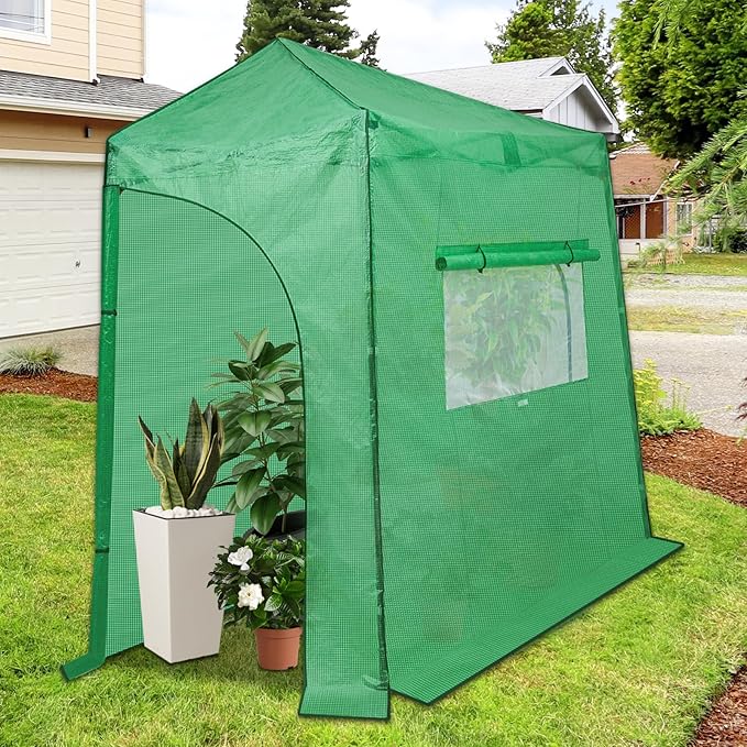 EAGLE PEAK Replacement Cover for 9x4 Portable Lean-to Greenhouse 2 Roll-Up Zipper Entry Doors and 1 Large Roll-Up Side Window (Frame Not Included) Green