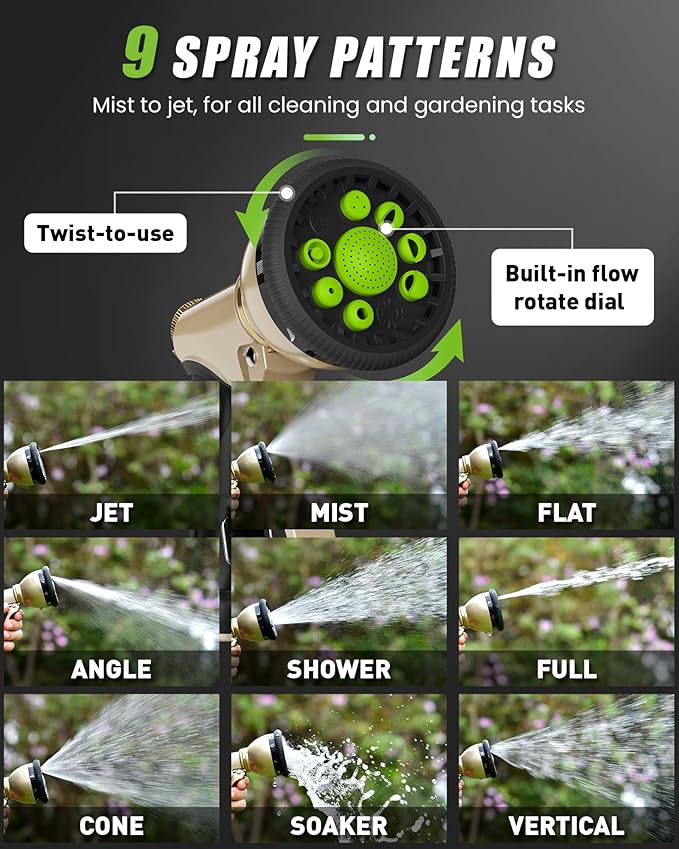 RAINPOINT Garden Hose Nozzle 9 Spray Patterns Hose Sprayer Nozzle Heavy Duty Metal Water Hose Nozzle Adjustable Hand Sprayer Watering Plants and Lawn Pet Showering Green