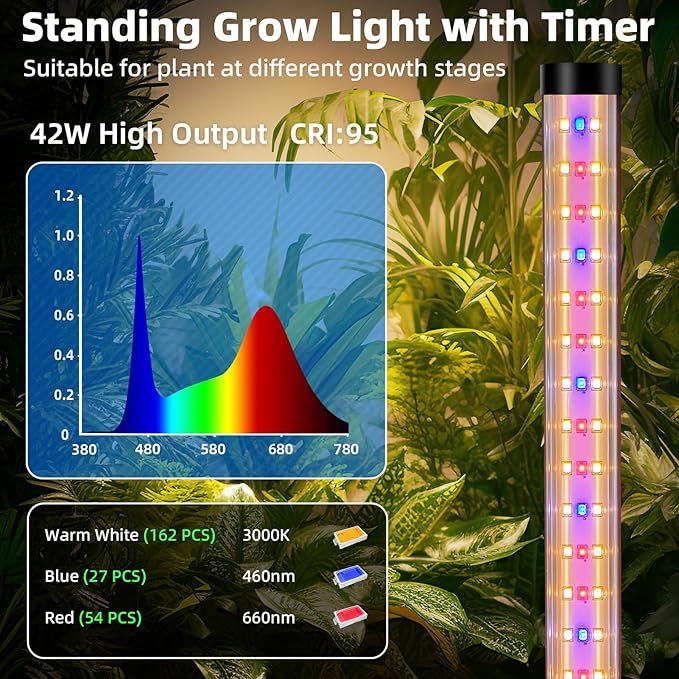 2PCS T8 LED Standing Grow Light for Indoor Plants with Timer 42W Full Spectrum Plant Light with 243 LEDs 4FT Height Tripod Stand Wide Coverage Floor Grow Lamp