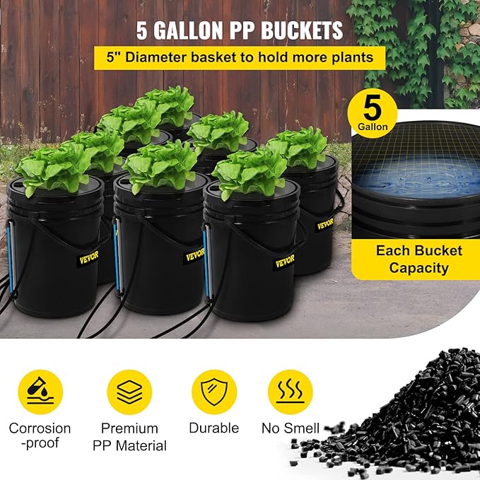 VEVOR DWC Hydroponic System 5 Gallon 8 Buckets Deep Water Culture Growing Bucket Hydroponics Grow Kit with Pump Air Stone and Water Level Device for Indoor/Outdoor Leafy Vegetables