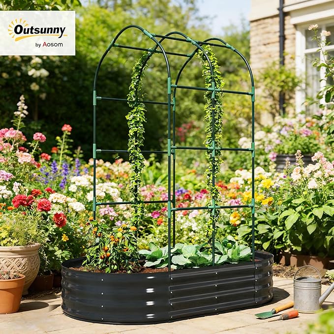 Outsunny Galvanised Raised Garden Bed with Arched Trellis 5 x 3 x 6ft Metal Outdoor Planter Box with Open Bottom Design Modular Raised Bed with Gloves for Vegetable Flower Easy Assembly Dark Gray