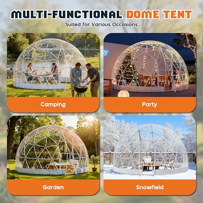 12 FT Garden Dome Greenhouse PVC Transparent Cover Quick Connect Plug Installation Waterproof Pop-up Green House 6-10 Person Bubble Tent for Patio Backyard Party Wedding