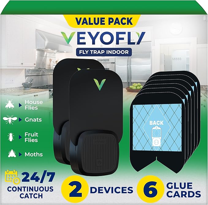 VEYOFLY Fly Trap Indoor Fruit Fly Traps for Indoors (2 Device + 6 Refills) Gnat Traps for House Indoor Fly Catcher Indoor Plug in Light Flying Insect Trap Bug Light Killer Fly Trap