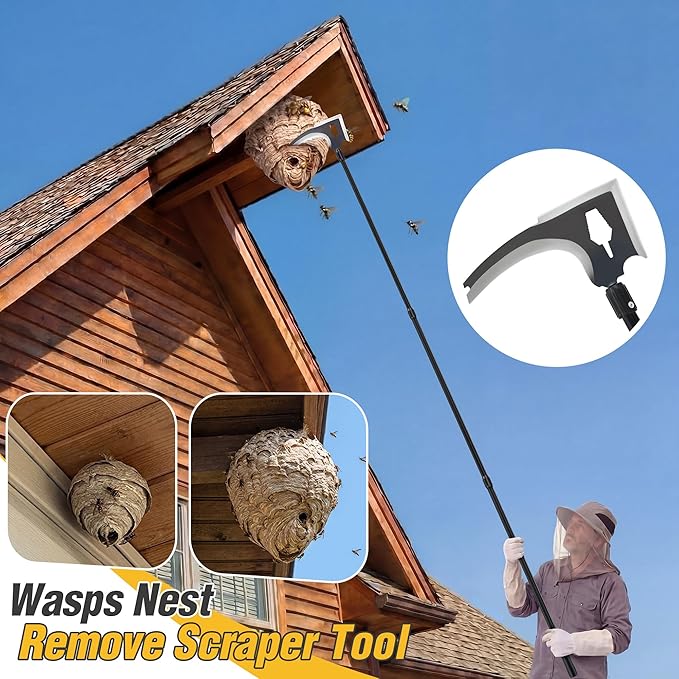 3 PCS Wasp Nest Removal Tool Set 100 Inch Extendable Pole with 3-Edge Scraper Beekeeper Hat &amp Leather Gloves for Safe Removal of Hornet Wasp &amp Bee Nests