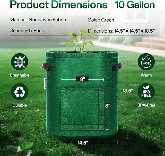 VIVOSUN 5-Pack 10 Gallon Potato Grow Bags for Growing Potatoes Fabric Potato Pots with Handle and Roll-up Window Potato Growing Containers Potato Planter Potato Planter for Growing Potatoes Green