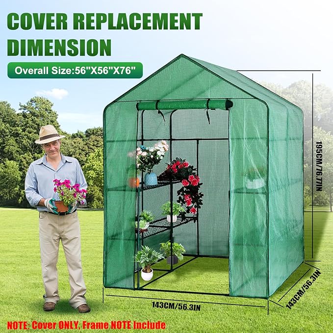 Walk-in Greenhouse Replacement Cover with Roll-Up Zipper Door 56×56×76 inch PE Greenhouse Cover Protect Outdoor Gardening Plants from Cold FrostWaterproof and UV Resistant(Frame Not Include)