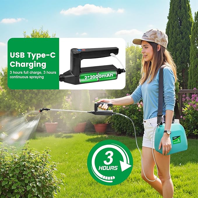 Battery Powered Sprayer 1.35 Gallon 2026 Electric Garden Sprayer with 3 Adjustable Speeds 4 Mist Nozzles Rechargeable Handle Retractable Wand with Adjustable Shoulder Strap for Weed Lawn(Green)