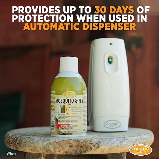Country Vet Mosquito+Fly Metered Spray Refill (Case of 12) &amp Automatic Metered Dispenser (Case of 12) - 342033CVA - Great for Barns Stables Farms Stalls and Outdoor Insect/Fly Prevention