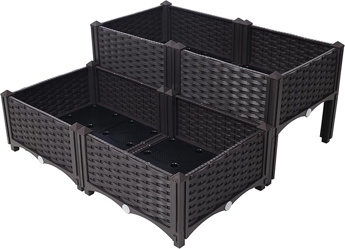 4 Piece Raised Garden Bed with Legs Self-Watering Planter Boxes for Flowers &amp Vegetables Brown