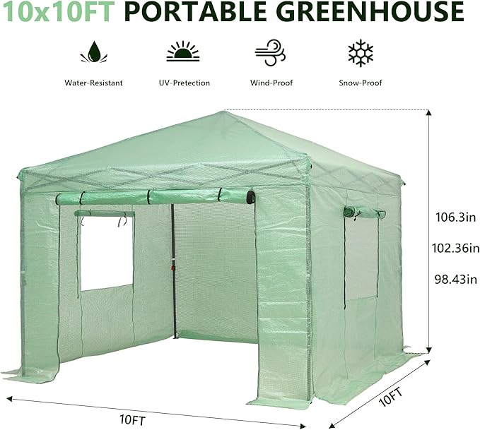 GDY 10X10FT Instant Pop-up Greenhouse Walk-in Plant Gardening Green House with PE Cover/Roll-Up Zipper Doors/Side Windows for Indoor Backyard and Outside Green/Clear.