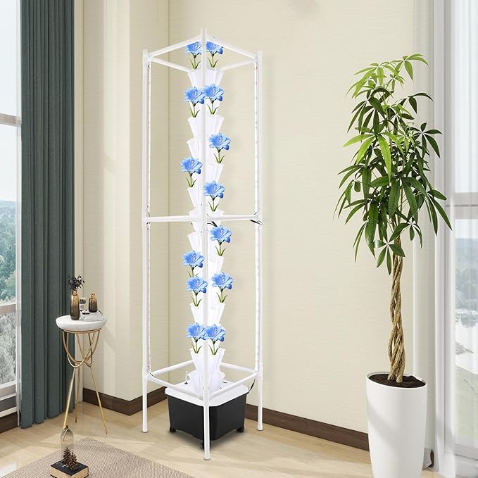 70-Pod Hydroponic Growing System with 8 Full-Spectrum LED Grow Lights 14-Tier Vertical Indoor Garden Tower Mobile Self-Watering Planter for Herbs Vegetables (White)