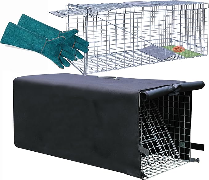 Live Animal Trap Cage with Cover &amp Gloves Cat Trap for Stray Cats 32 Inch Heavy Duty Folding Skunk Traps with Real Door for Raccoons Opossums Skunks Feral Cats Squirrels-(32 x 10 x 12 inches)
