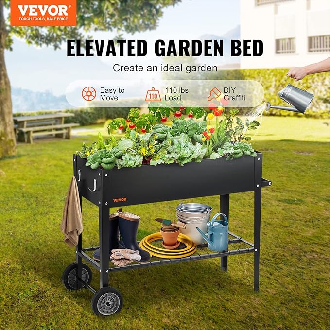 VEVOR Raised Planter Box with Legs and Wheels Larger Size 43.3x19.5x31.5 Outdoor Elevated Garden Bed On Wheel Metal Planting Boxes for Growing Flowers/Vegetables/Herbs in Backyard/Garden/Balcony