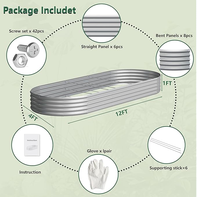 2PCS 12x4x1FT Galvanized Raised Garden Bed KitVegetable Boxes-Oval Metal Flower BoxLarge Planter Raised Beds Outdoor Garden for PlantingFruitHerb-Silver
