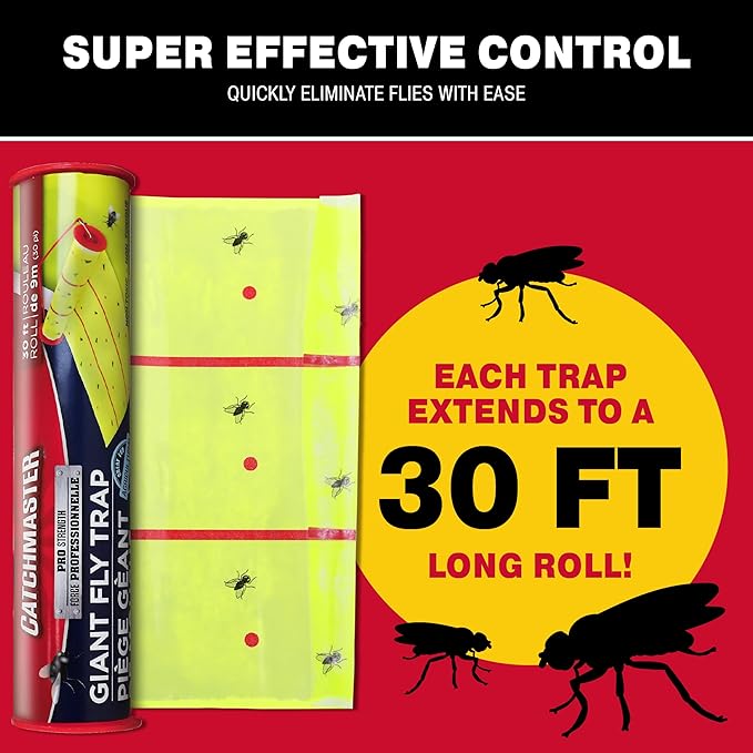 Catchmaster Giant Fly Glue Trap 3-Pack 30 Feet Each Adhesive Fly Traps Outdoor Sticky Bug Catcher Bulk Flying Insect Paper Roll Pest Control for Garage Barn Greenhouse &amp Garbage Room