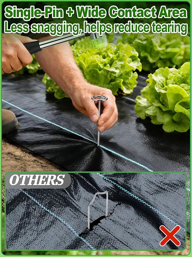 6 Inch Landscape Staples with Hook &amp Hammer - 120pcs Circle Top Weed Barrier Stakes Kit 9 Gauge Galvanized Rust-Resistant Garden Fabric Pins for SOD Garden Edging Install &amp Remove Tools In