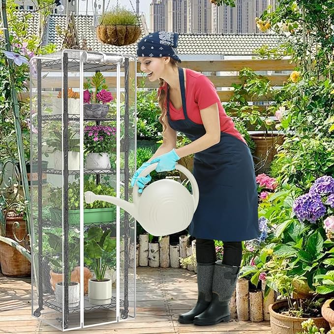 Mini 5-Tier Greenhouse for Indoor Outdoor  15.7 L×11.8 W×62.3 H Portable Greenhouse with Clear PVC Cover and Metal Shelf for Growing Vegetables Flowers and Seedlings with Wheels