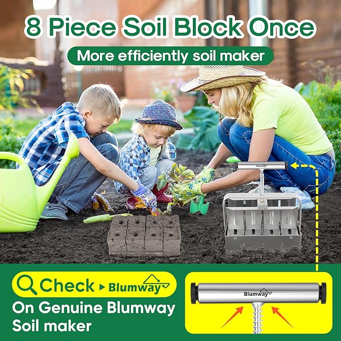BlumWay Upgraded Soil Blocker 8 Cell Seed Blocker 2 inch Quad Soil Block Maker Manual with 3 Types of Seed PinsHand-held Soil Blocking Tool for Seed Stater Tray Outdoor Plants