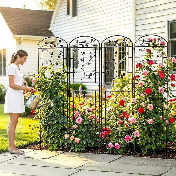 Garden Trellis for Climbing Plants 4 Pack 71x20 in Metal Lattice Panel with Black Coating Tall Climbing Support for Rose Vines Clematis Flowers Vegetables Fruits - Plant Trellis Outdoor