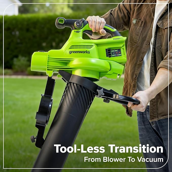 Greenworks 48V (24V x 2) 3-in-1 Brushless Blower Vacuum Mulcher (520 CFM / 240 MPH) Powerful for Yard Lawn Patio and Driveway Cleanup Includes (2) 6.0Ah Batteries and 100W Fast Charger