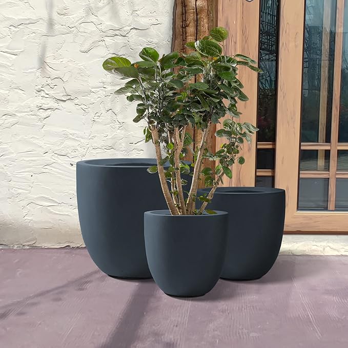 Kante 2016.513.4 Dia Round Concrete Planters (Set of 3) Outdoor Indoor Modern Decorative Plant Pots with Drainage Hole &amp Rubber Plug for Home &amp Garden Charcoal
