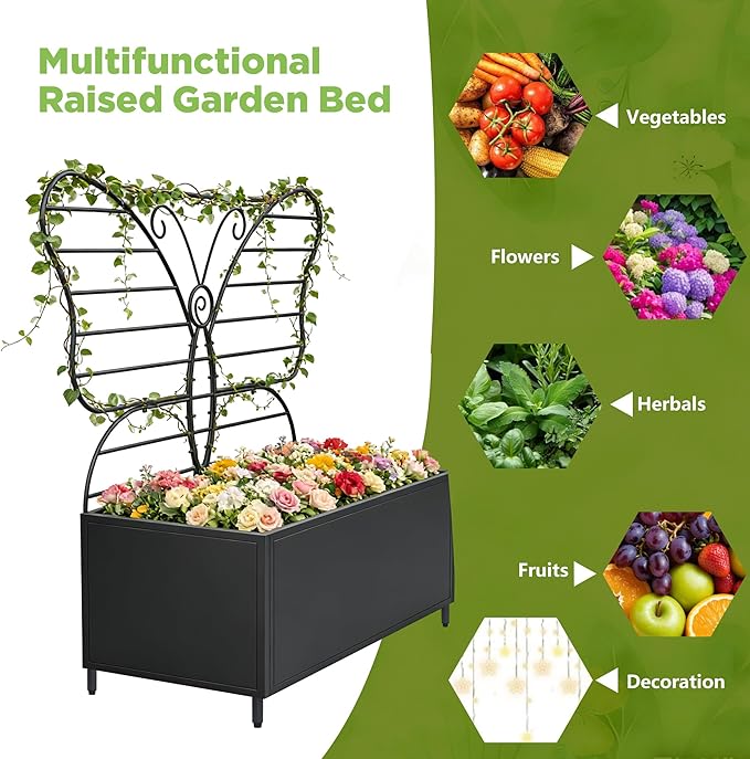 Metal Planter Box with Trellis Metal Raised Garden Bed with Drainage Holes Butterfly-Shaped Planters for Outdoor Garden Box for Climbing Plants Vegetables and Vines (Black)