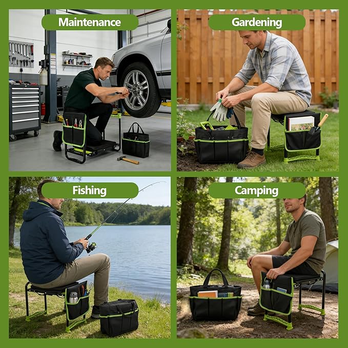 Garden Kneeler and Seat Heavy Duty Gardening Stool with 1.8 Thick Detachable Kneeling Pad Foldable Bench Chair with Tool Pouch and Bag for Knee &amp Back Pain Relief for Women Men Seniors (Green