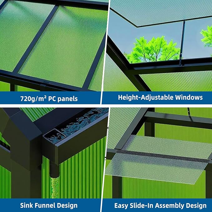 8x10 FT Outdoor Greenhouse for Winter Greenhouse Kit with Aluminum Frame Polycarbonate Panels Lockable Door Adjustable Roof Vent Heavy Duty Walk-in Design for Backyard Garden and Patio