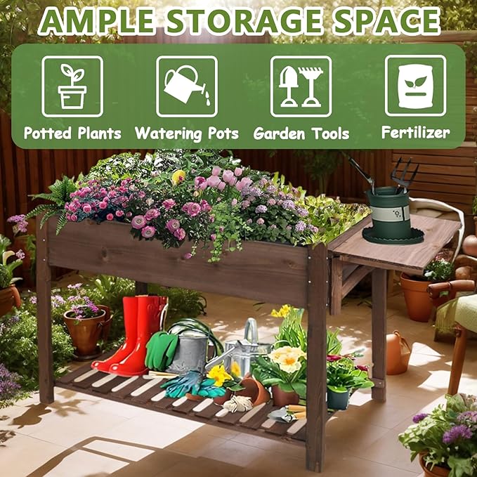 Elevated 8 Pocket Herb Garden BedWooden Standing Planter Box with LegsFoldable Side Table and Storage Shelf Patio Raised Garden Bed for HerbsVegetablesFlowers (Dark Brown 49 Inch)