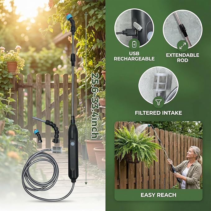 Rechargeable Cordless High Reach Plant Waterer - with Telescopic Wand Plant (25.6–33.4 in) Watering Can Hanging Plants Baskets 2 Adjustable Nozzles and 8.6ft Water Hose for Yard Lawn Weeds Plants
