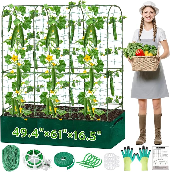 Cucumber Trellis for Climbing Plants with Grow Bag 61 Tall Metal U-Frame Garden Trellis for Raised Bed with Garden Netting and Plant Clip Plant Ties for Vegetables Squash Pea Grape