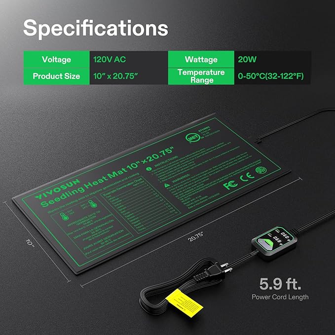 VIVOSUN 10x20.75 Seedling Heat Mat with Built-in Temperature Controller UL &amp MET-Certified Waterproof Plant Heating Pad for Germination Hydroponics Brewing Breeding and Greenhouses (Pack of