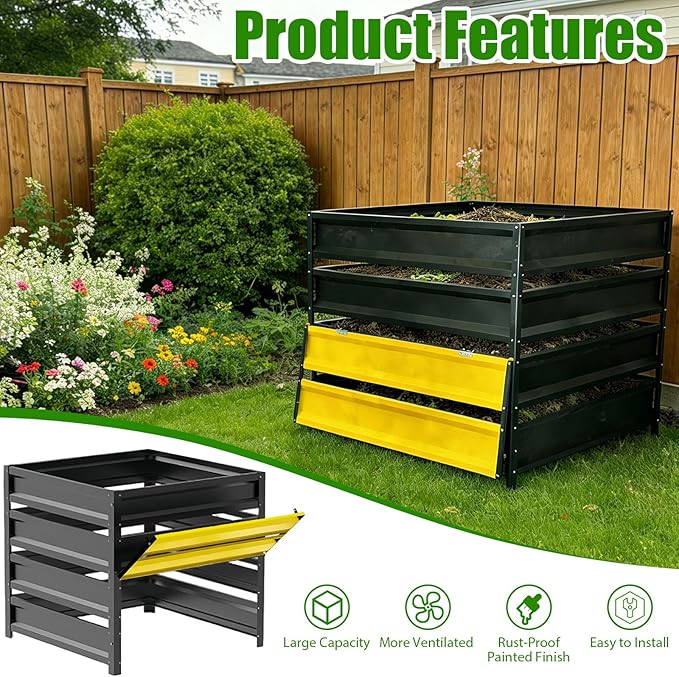 285 Gallon Compost Bin Outdoor Metal Compost Bins with with Pull-Out Door Galvanized Steel Sheet Heavy Duty Composting Bin for Outside Backyard Garden Patio Natural 41(L)*41(W)*39.4(H) inch