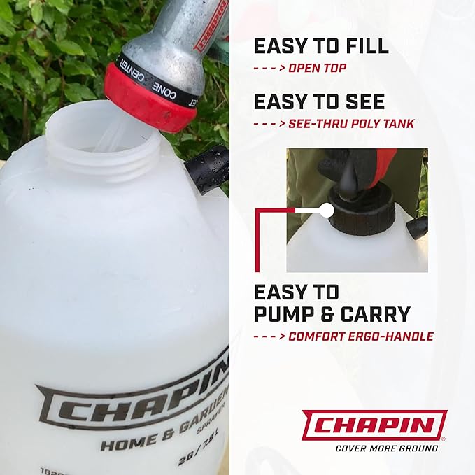 Chapin 16109 Pump Sprayer 1‑Gallon Lawn &amp Garden Translucent Poly Tank Adjustable Cone Nozzle Ergonomic Handle &amp in‑Tank Filter for Herbicides Pesticides Fertilizers &amp Cleaning Task