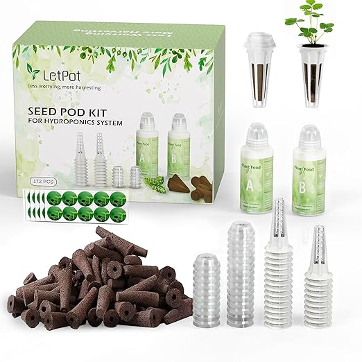 LetPot 172 Pcs Seed Pod Kits Hydroponics Growing Sponges Grow Anything Kit Pod for Hydroponic with 60 Sponges 2 Nutrients 25 Baskets 60 Stickers 25 Germination Domes