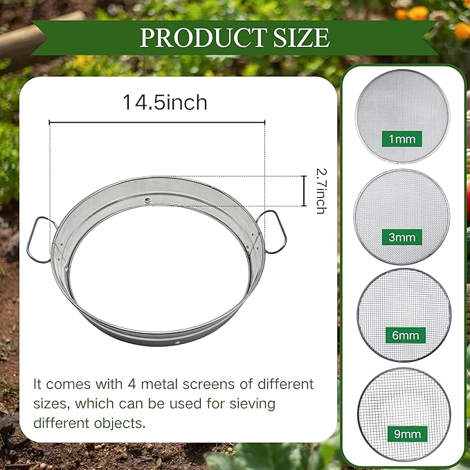 14.5“ Soil Sifter for Gardening with Handles Large Rock Sifter with 4 Replaceable ScreensCompost Sifter Dirt Sifter Captures Dirt Rocks Sawdust