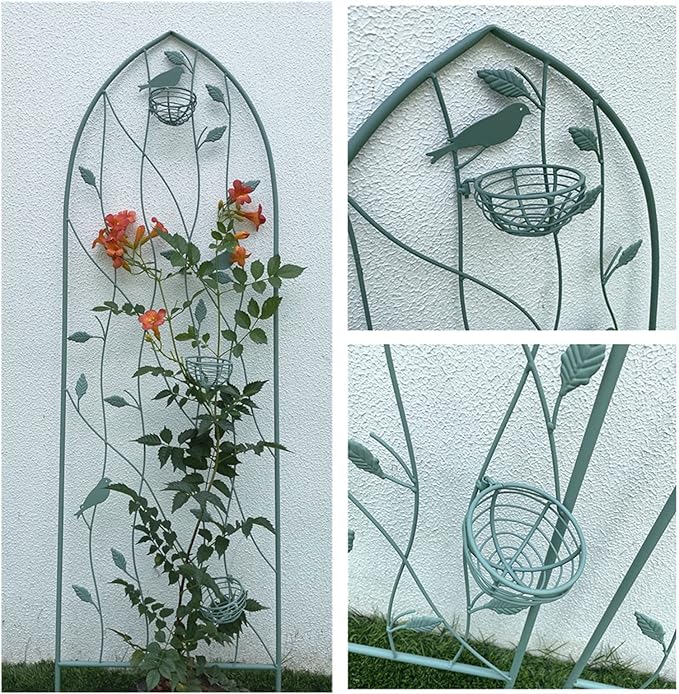 Retro Garden Trellis ×1 Metal Climbing Plant Support Frame Bird And Leaf Design Garden Lattice For Potted Vines Vegetables Flowers Roses Clematis Green(Color:GreenSize:100x35cm/39.3x13.7in)