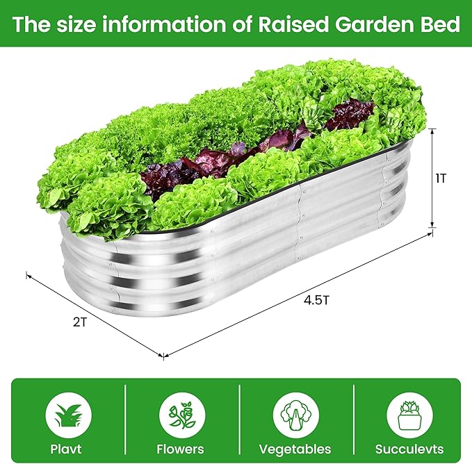 4.5×2×1ft 2pcs Galvanized Silver Planter Garden Boxes Outdoor Galvanized Raised Garden Bed Kit Oval Large Metal for VegetablesFlowers and FruitsAnti-RustRubber Edge