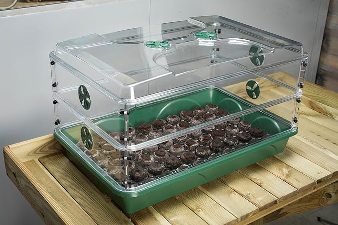 EarlyGrow Large Domed Propagator with 2 Height Extenders Seedling Trays and Locking Clip Set Green (97019)