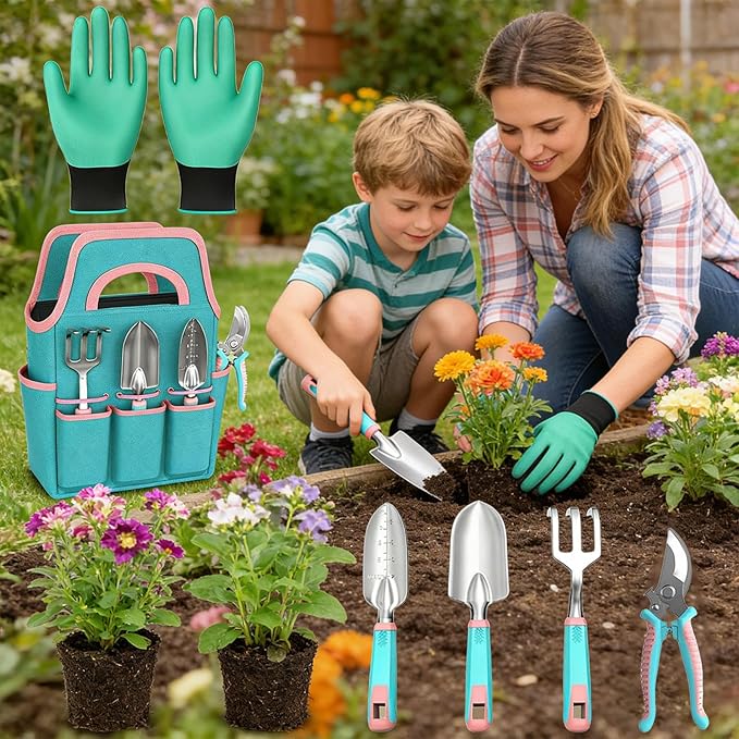 Gardening Tool Kit - Rake Gloves Pruner with Trowel | Garden Hand Tool Set with Tote | for Indoor Outdoor Lawn Backyard Patio Balcony Greenhouse