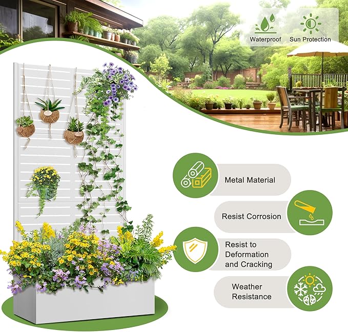 FENCY Metal Raised Garden Bed with Trellis Metal Planter Box with Trellis Garden Box for Climbing Plants Vegetable 35 Lx16 Wx71 H Garden Bed with Drainage Holes(White-Louvered)
