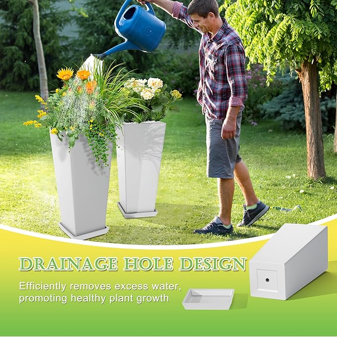 Set of 2 Tall Planters 24 Large Indoor Outdoor Flower Pots with Tray Modern Tapered Planters for Porch Patio Garden Backyard(White)