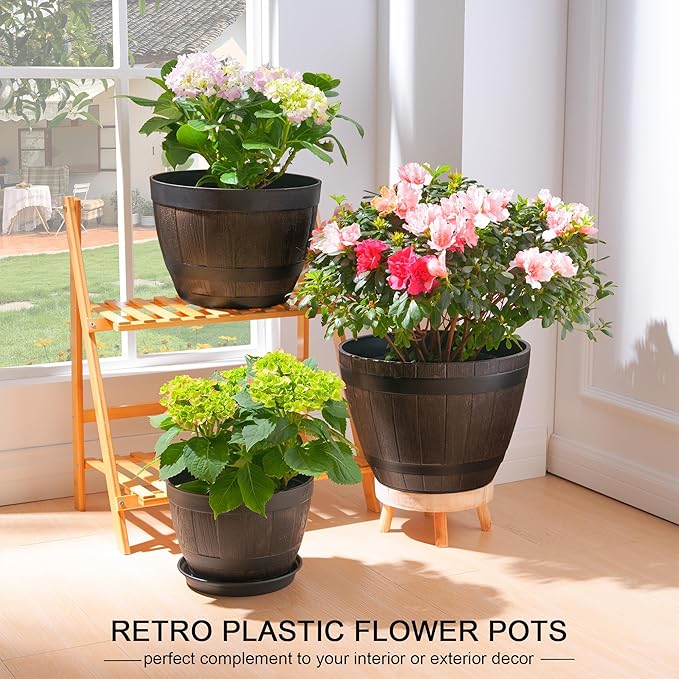 VECELO Plant Pots with Drainage Holes &amp Saucer 9/11.3/13 Inch Flower Pots with Tray 3 Pack Plastic Whiskey Barrel Planters for Indoor &amp Outdoor Garden Home Plants and Flowers
