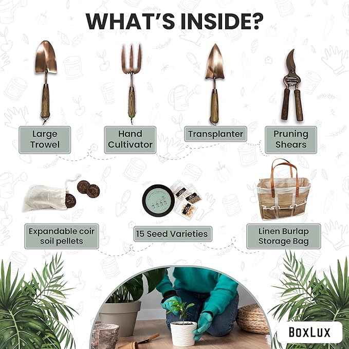 Copper Gardening Tools Gift Set Over 1700 Non GMO Vegetable Seeds Heavy Duty Steel Tools for Planting Garden Tool Kit for Women with Handbag and Coco Coir Soil Pellets Birthday Gardening Gift Box