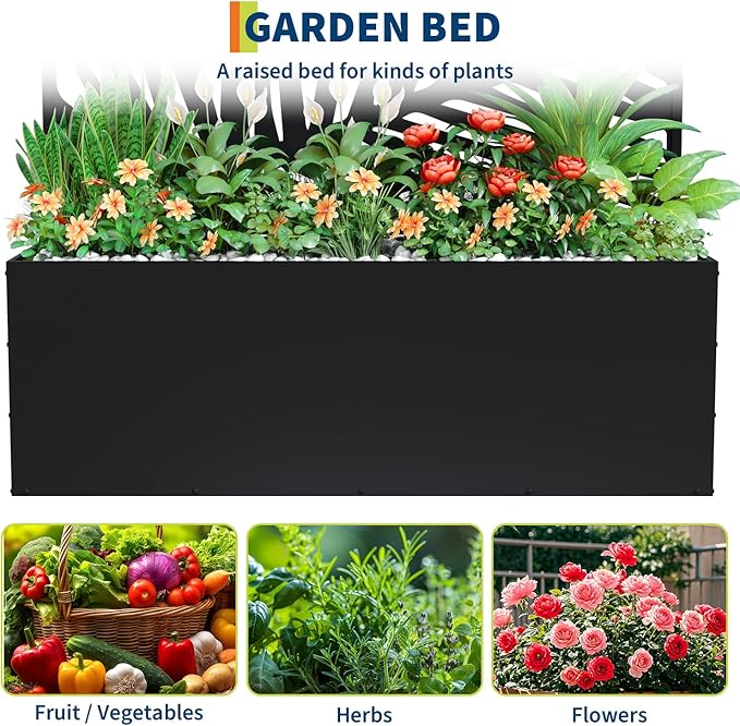 Large Metal Raised Garden Bed Planter Box with Trellis – Deep 15.8 for Climbing Plants Vegetables Privacy Screen Drainage Holes Modern Outdoor – 118x40x180cm Palm Leaf Design